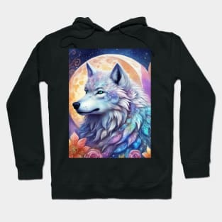 Mystical Wolf with Flowers, Full Moon, Colorful, Beautiful Hoodie